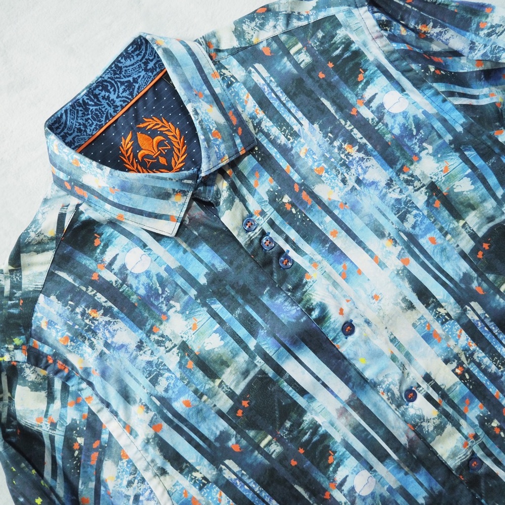 Au Noir Sz 2 Abstract Blue/Orange Casual Shirt Leather Cuffs Links 100% Cotton
